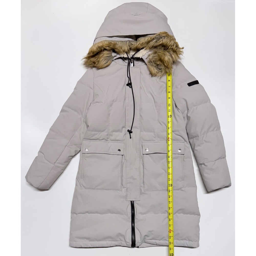 Sam Edelman Womens Long Puffer Parka Jacket Faux Fur Hood Gray Down Fill Small